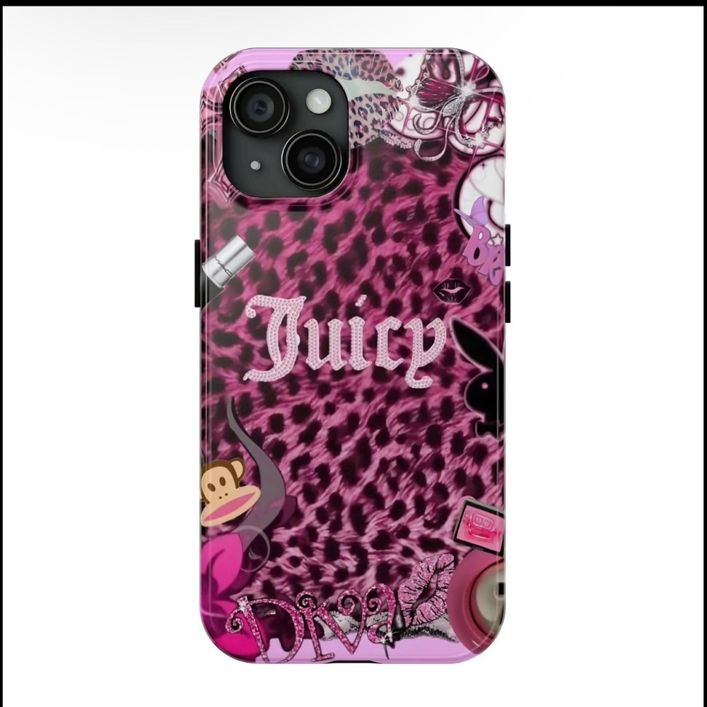 Juicy Couture Pink Leopard Print Phone Case with Graphic Accents